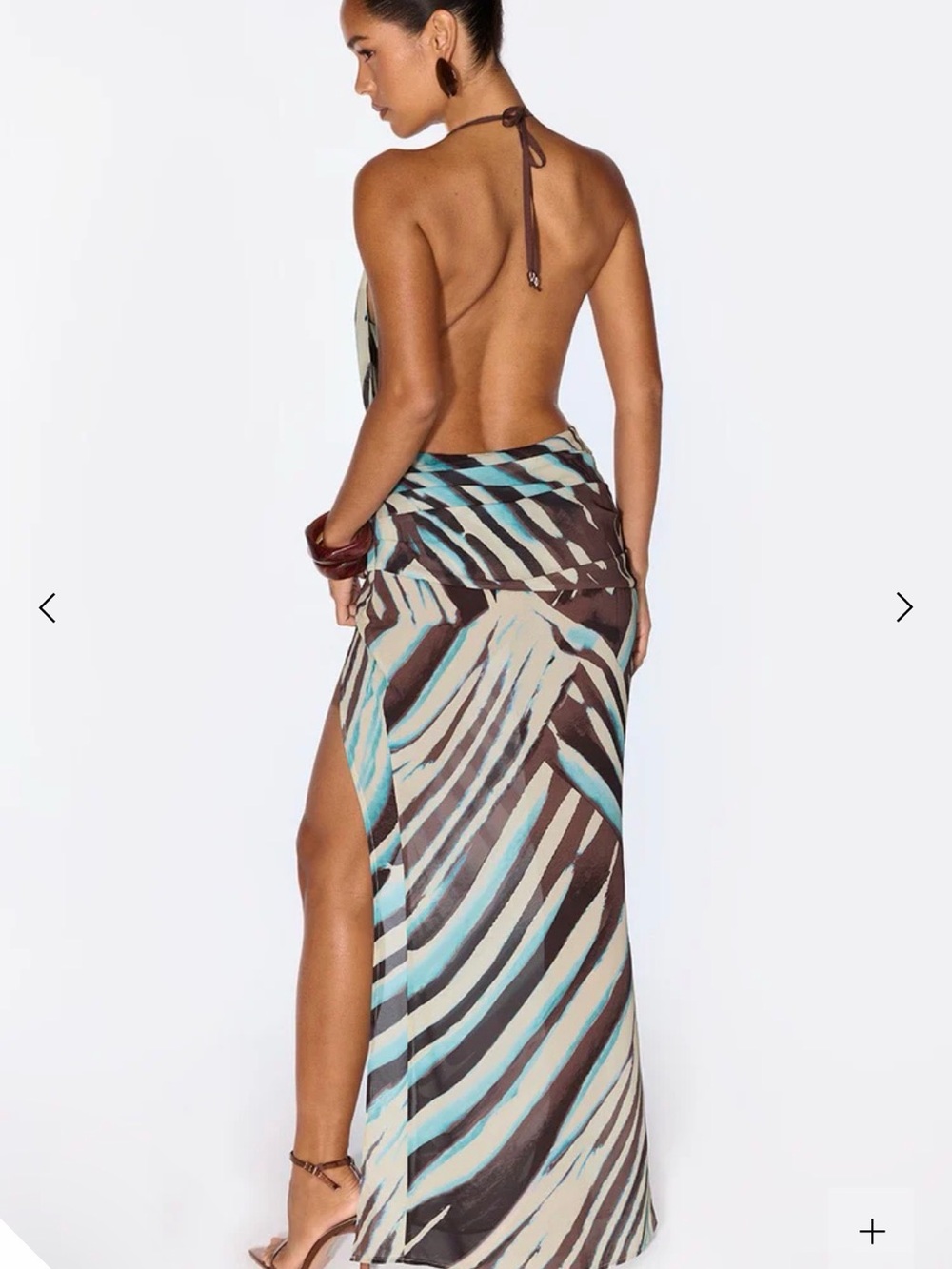 Backless Halter Maxi Dress in Brown & Aqua Print
